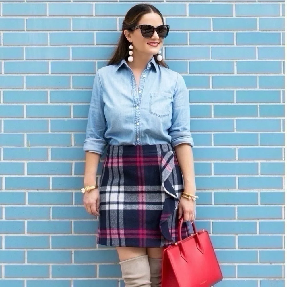 J.Crew Navy Plaid Mini Wool Ruffle Skirt